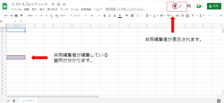 共同編集者が誰か、スプレッドシートのどこを編集しているかが分かる。